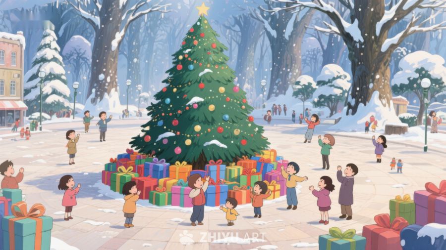 雪中公园的圣诞树与礼物 492