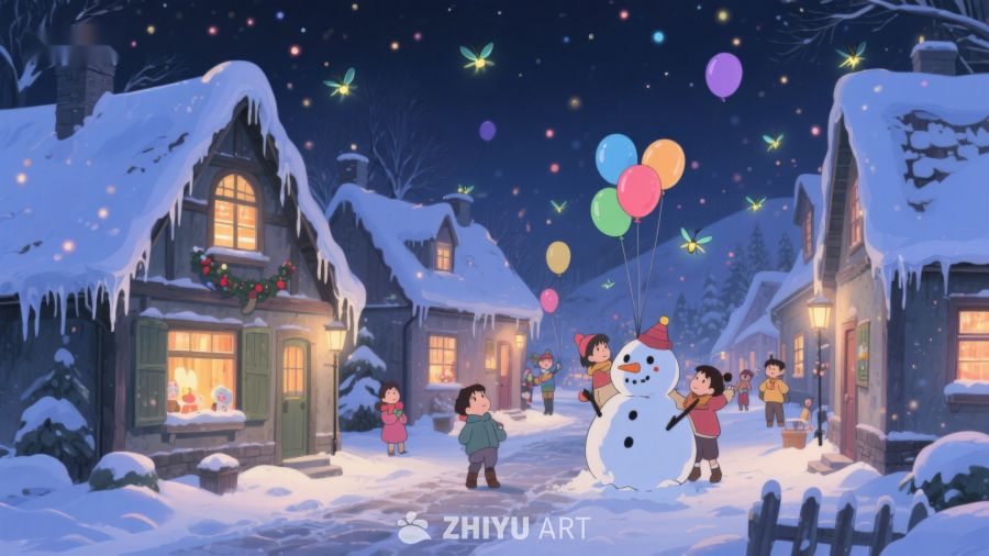 冬夜雪村，童趣雪人 100