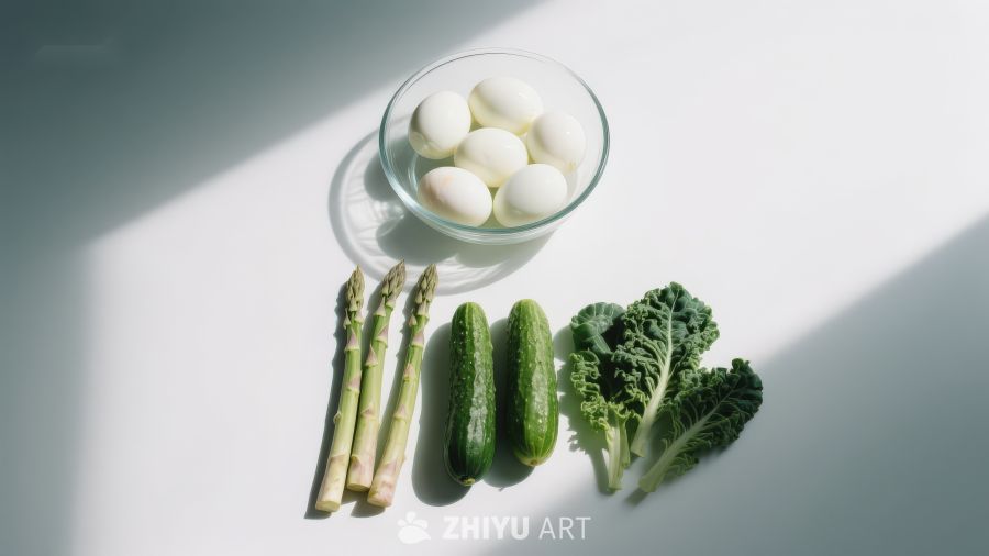 新鲜蔬菜与鸡蛋静物摆拍