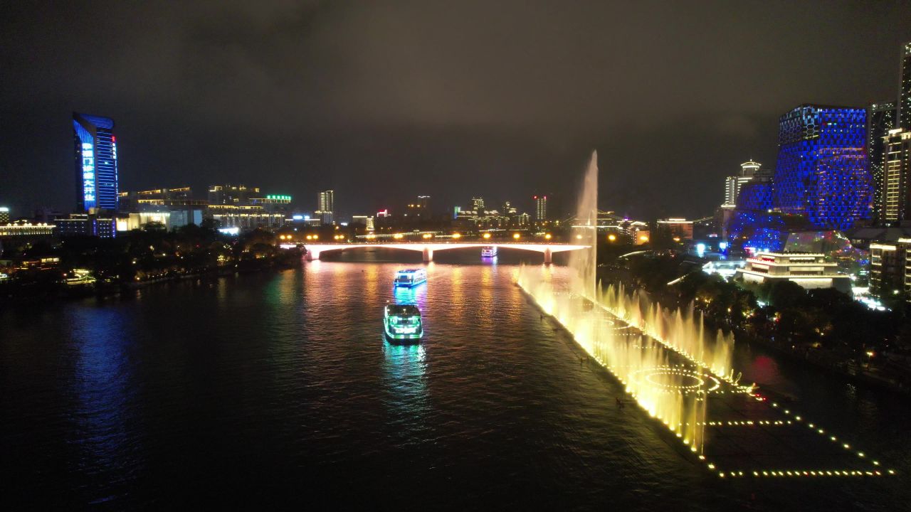  广西柳州音乐喷泉夜景航拍
