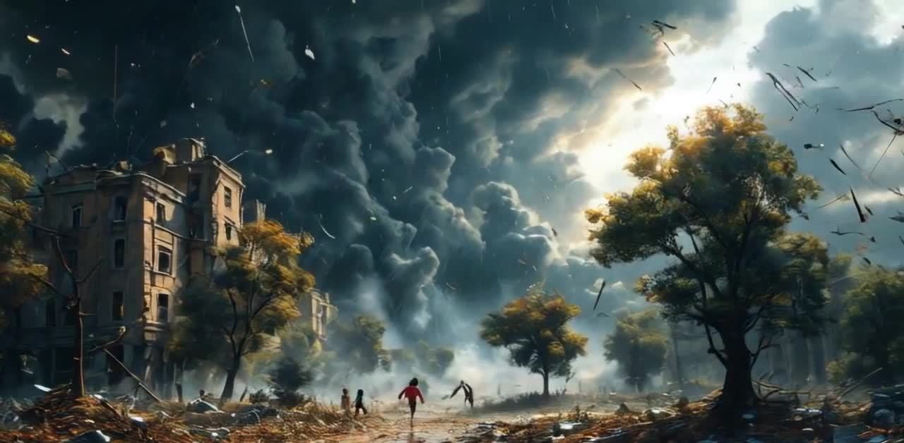 画面描绘了一个狂风暴雨肆虐的场景。天空被厚重的乌云