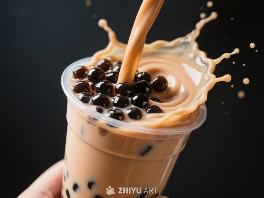 奶茶倒入杯中，珍珠飞溅瞬间