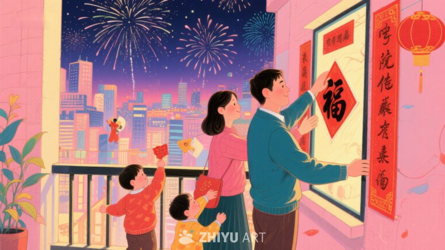 家庭欢庆春节，贴福字迎新年 497
