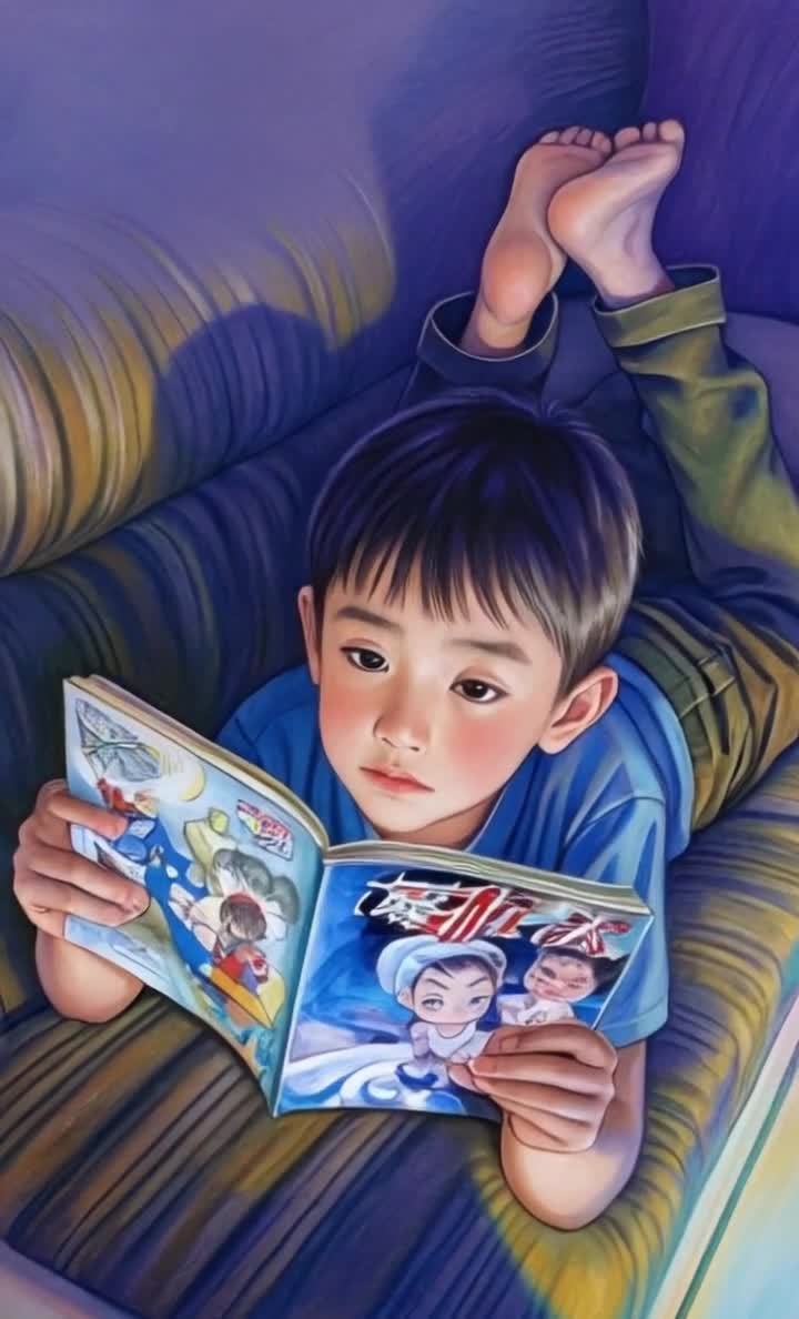一个男孩躺在沙发上，双脚翘起，正专注地阅读一本漫画