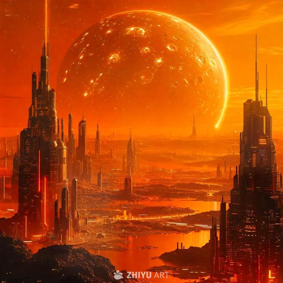 画面呈现了一个充满荧光橙色的未来城市景观。高耸的建