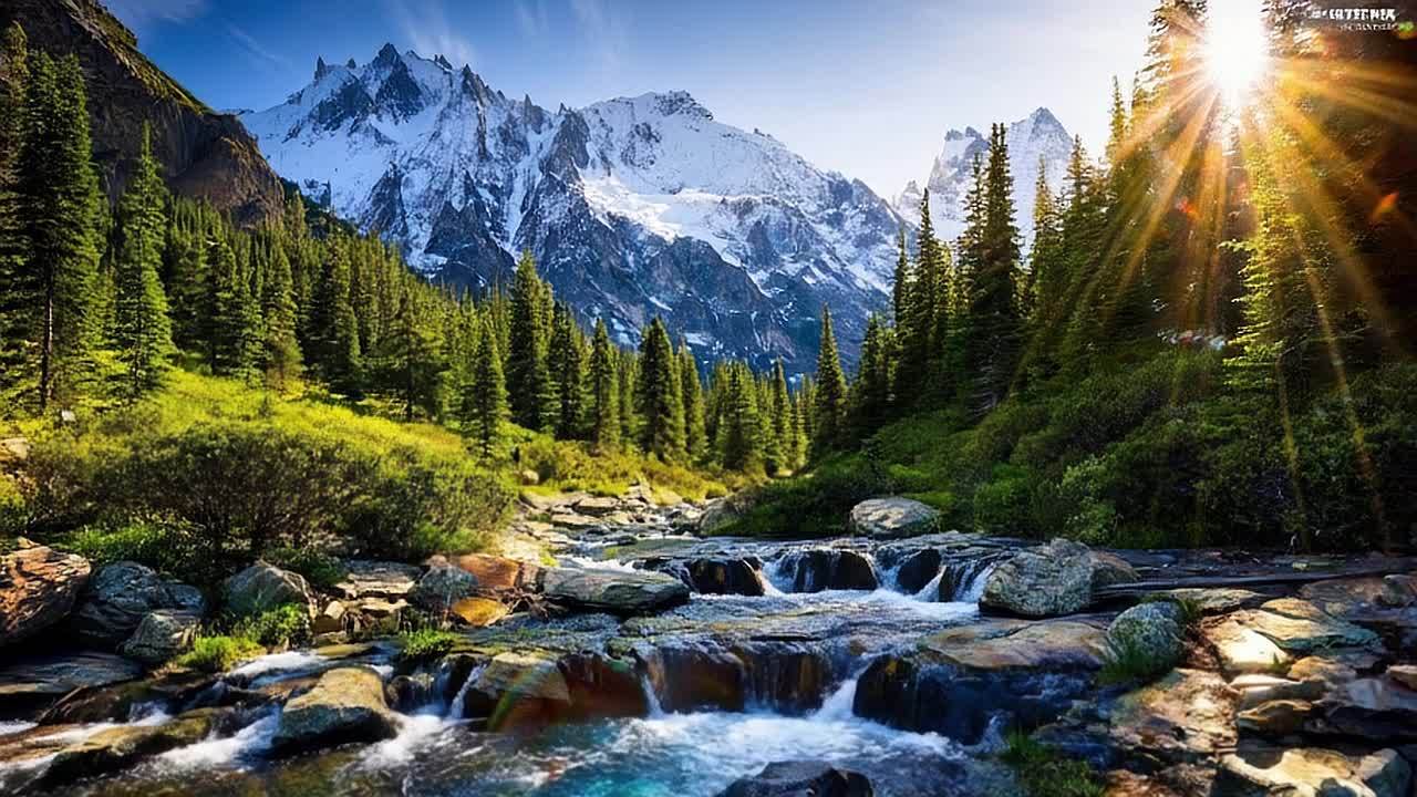 皑皑白雪覆盖着高耸的山峰，山脚下遍布着茂密的绿色针