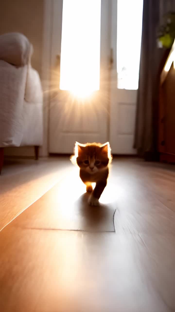 一只棕色小猫在舒适的家中奔跑，背景是明亮的门，光线