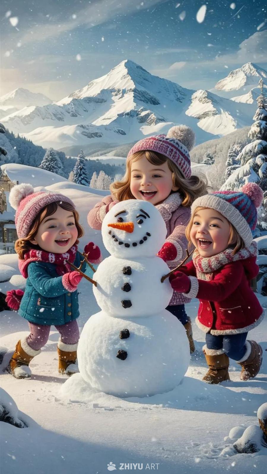 下雪天，孩子们在玩雪球，前景中孩子们正在堆雪人，准