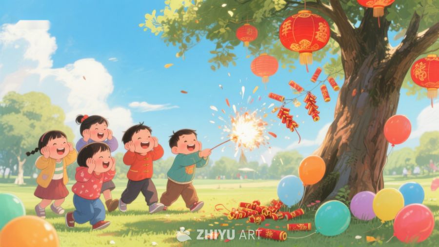 孩子们在树下放鞭炮庆祝节日 298