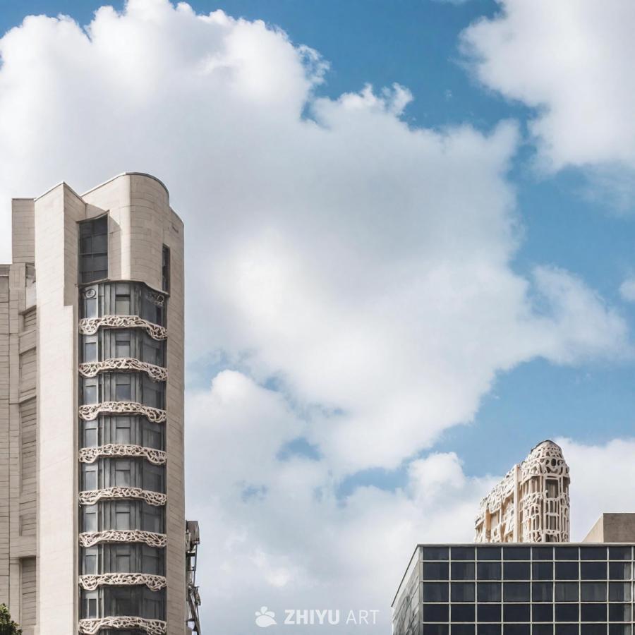 一座高大的白色现代建筑，具有有趣的建筑设计，建筑立