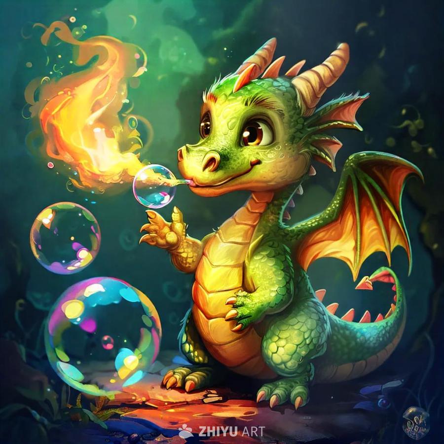 一只绿色的小龙正在吹泡泡，嘴里吹出一个透明的泡泡，