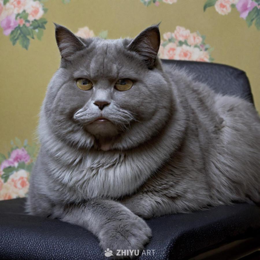 一只灰色蓬松的猫坐在黑色的表面上，可能是椅子或沙发