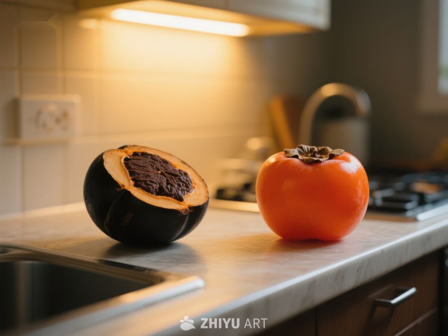 厨房台面上的柿子与切开的果实 83
