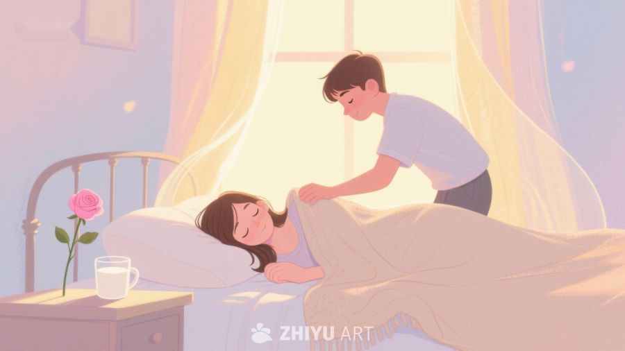 温馨晨光中，男孩为女孩盖被子 352