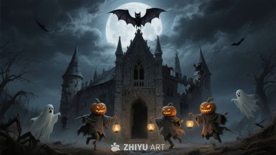 万圣夜古堡前的幽灵南瓜灯游行