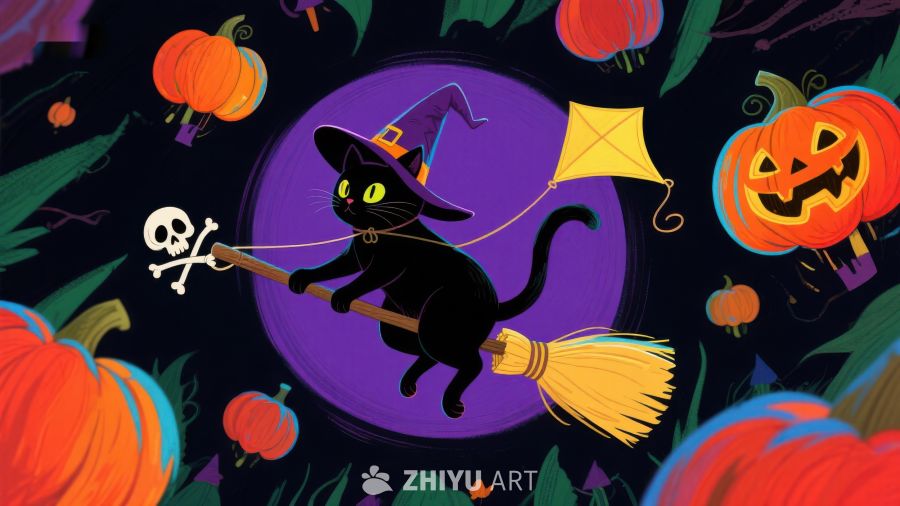 万圣夜猫巫骑扫帚