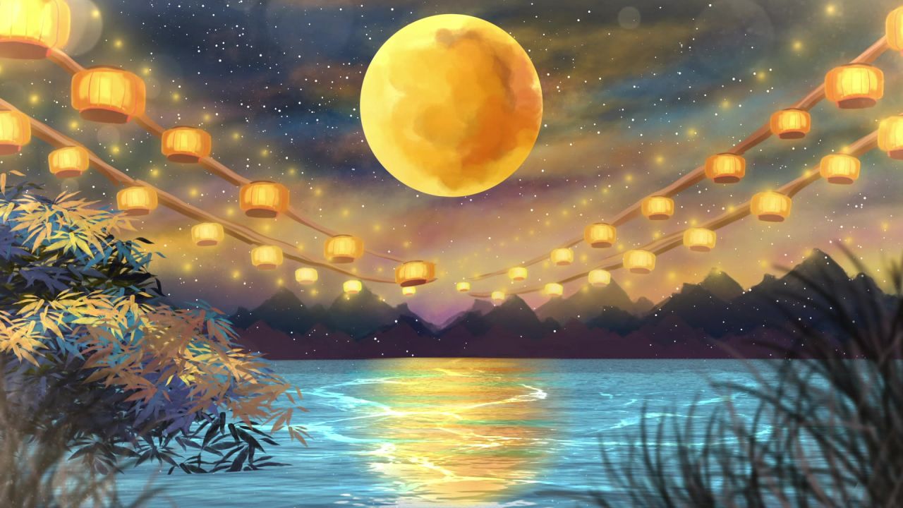 唯美大海上升月亮白月光蓝色夜空圆月明月大屏幕舞台LED视频  162