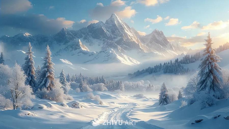 广阔的雪景中，远处是高耸的山脉，前景是荒凉的森林。