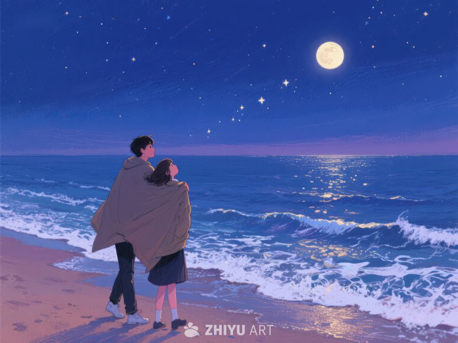 月夜海边情侣共披毯子 1232