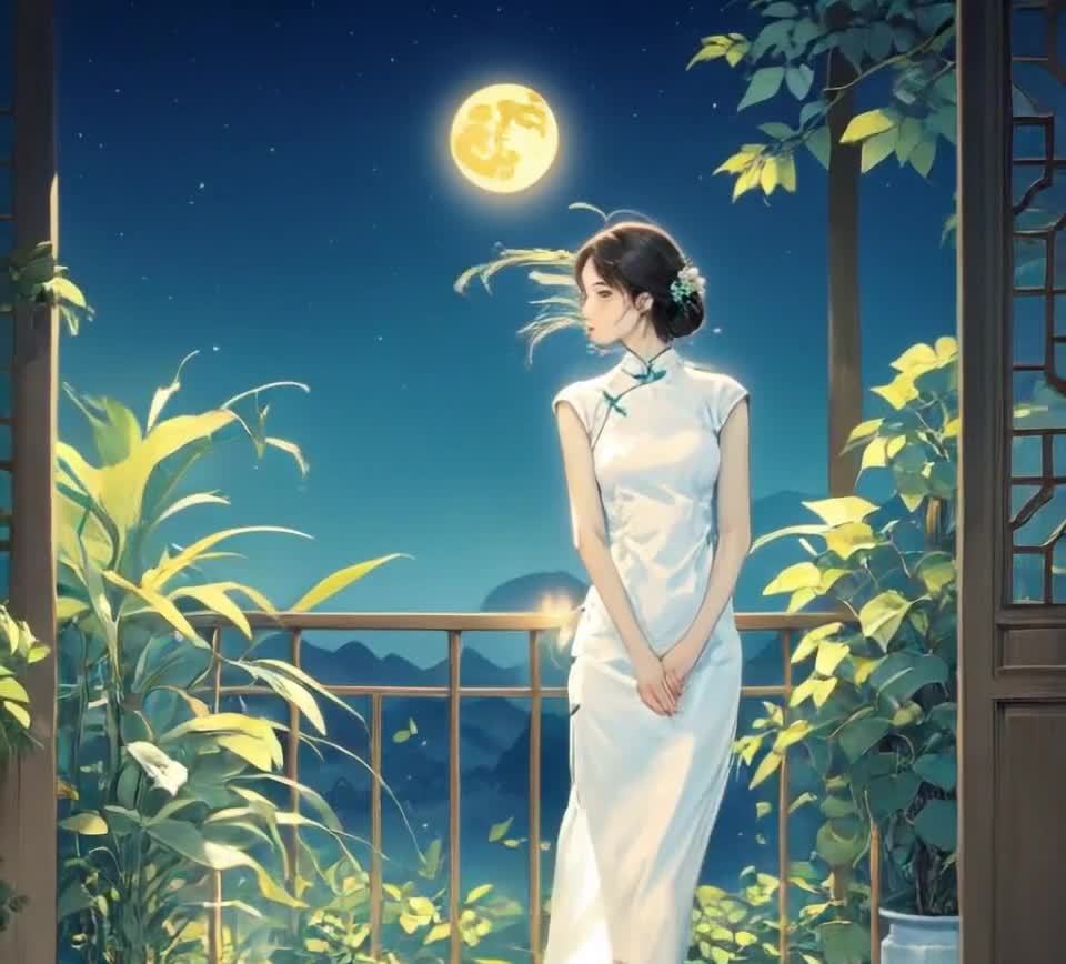 月下旗袍女子凭栏远眺山峦夜景