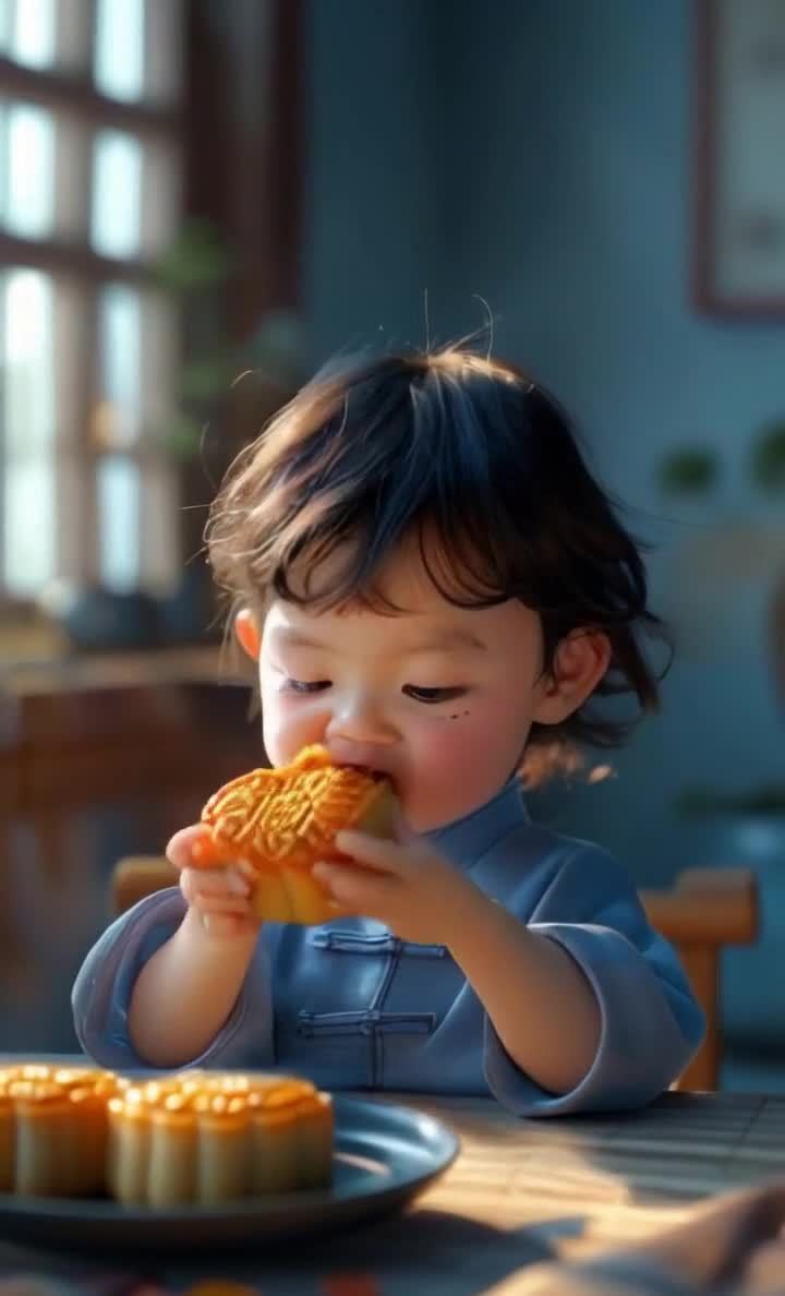 蓝衣幼儿手捧月饼喜迎中秋佳节