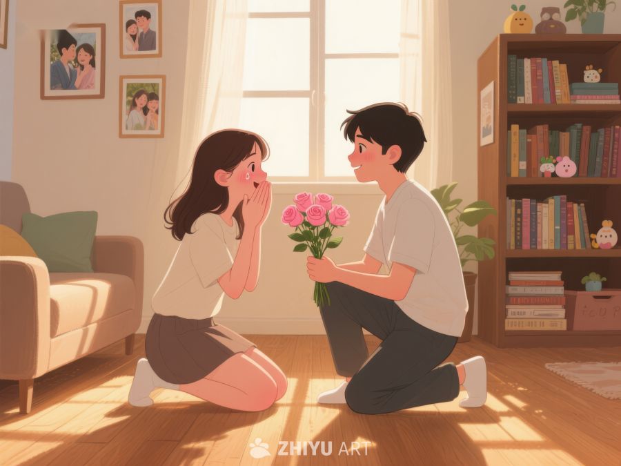 温馨求婚场景，男子献花女子惊喜 734