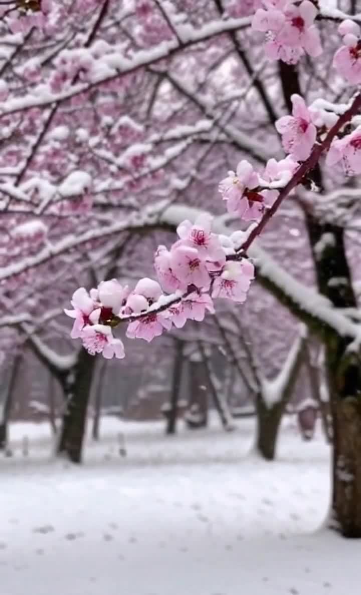 雪中绽放的粉色梅花，静谧雪景，寒冷冬季的氛围。