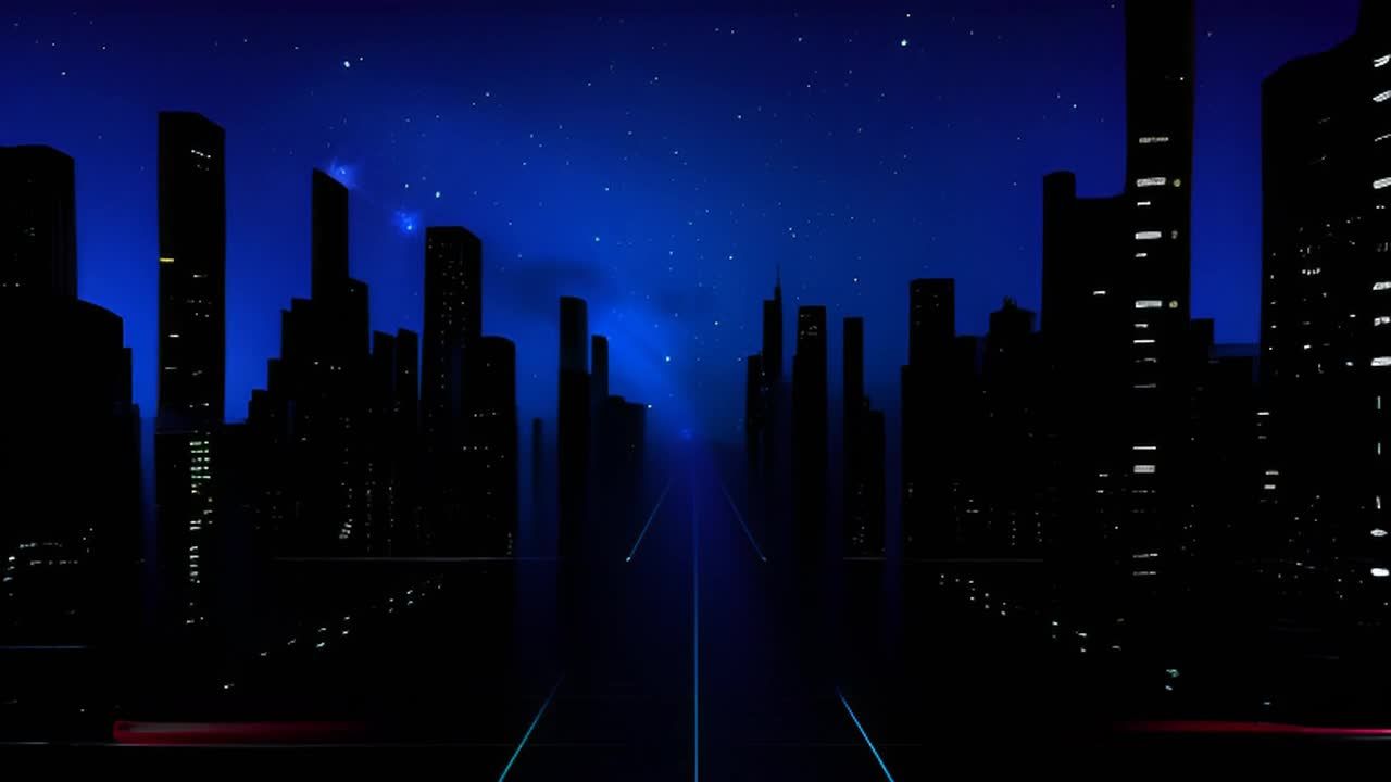夜空深蓝，点缀着星星。城市天际线由许多黑色高层建筑