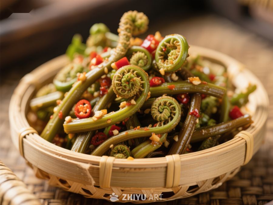 辣味蕨菜卷，竹篮盛装 761