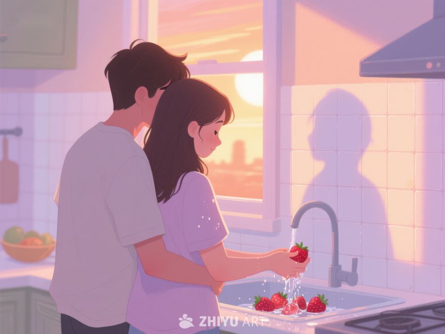 厨房中清洗草莓的情侣 68
