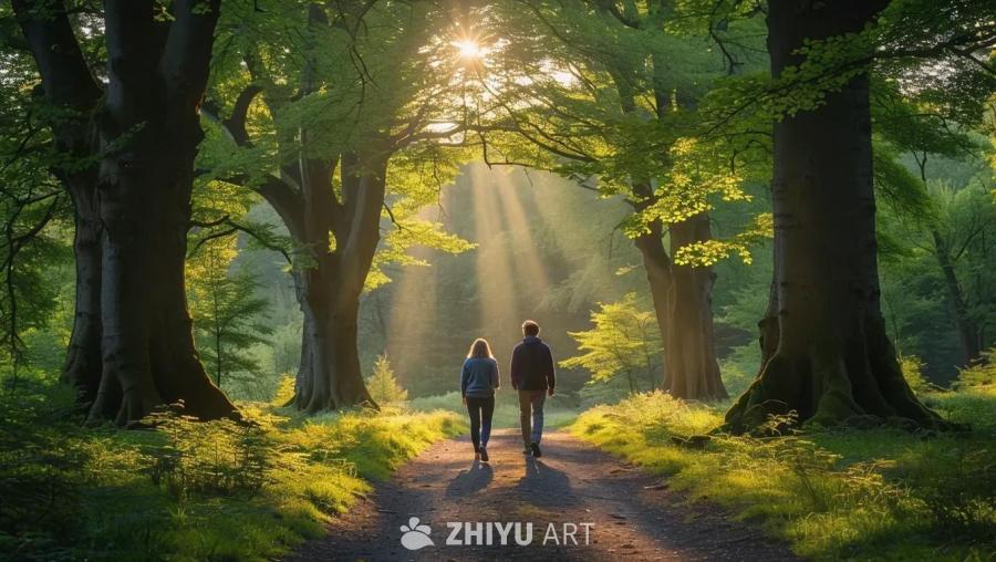 两条小路向前延伸，路的尽头沐浴在阳光下。路的两旁生