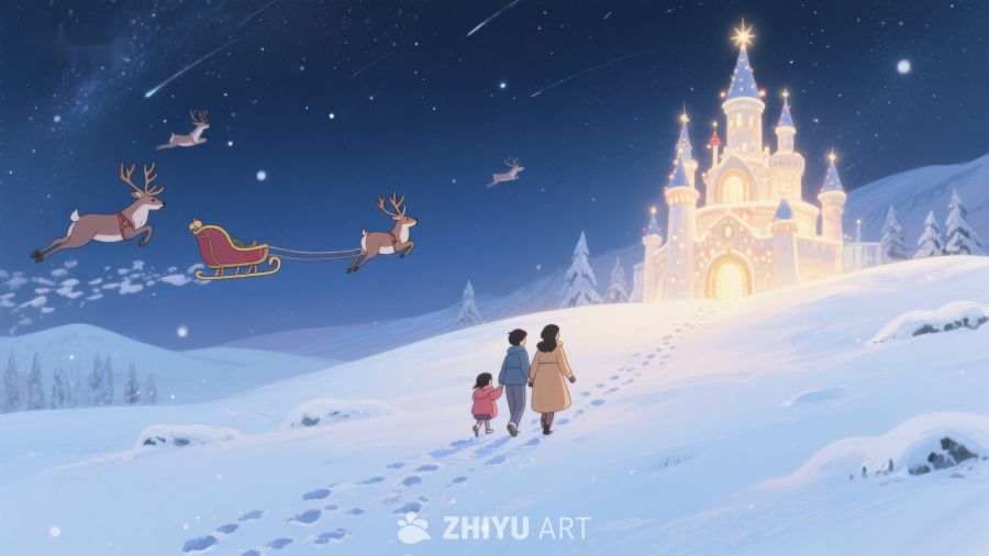 雪夜城堡前的圣诞飞行 263