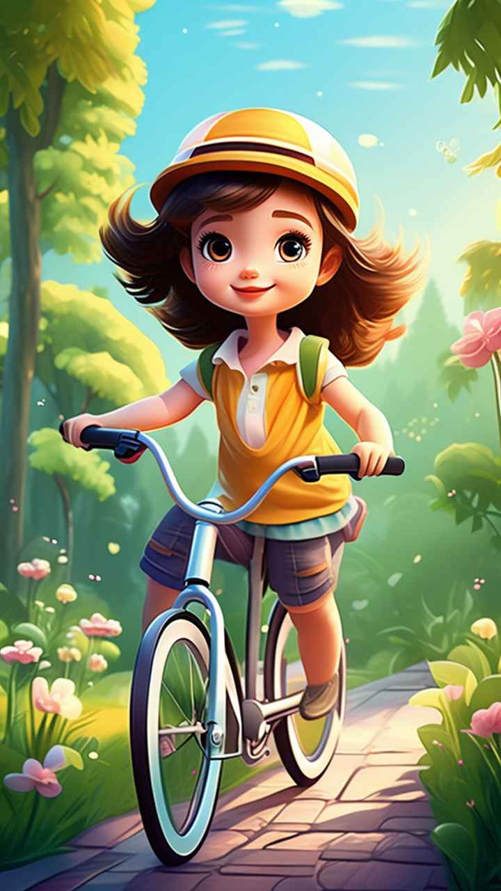 卡通可爱的女孩骑自行车梦幻般的意象 1
