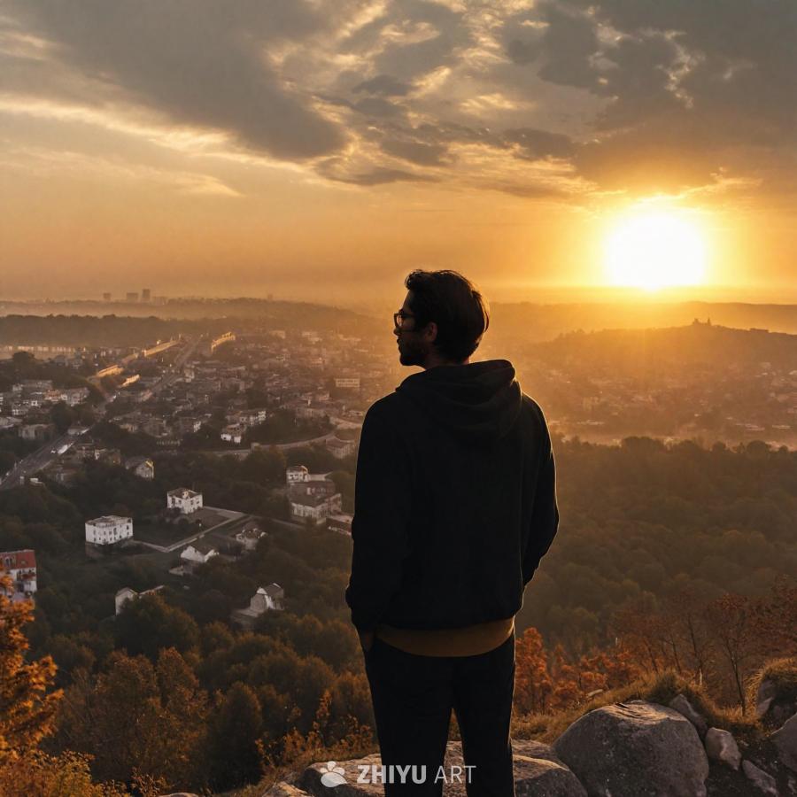 一名男子站在山顶，背对着镜头，眺望着日落下的城市。