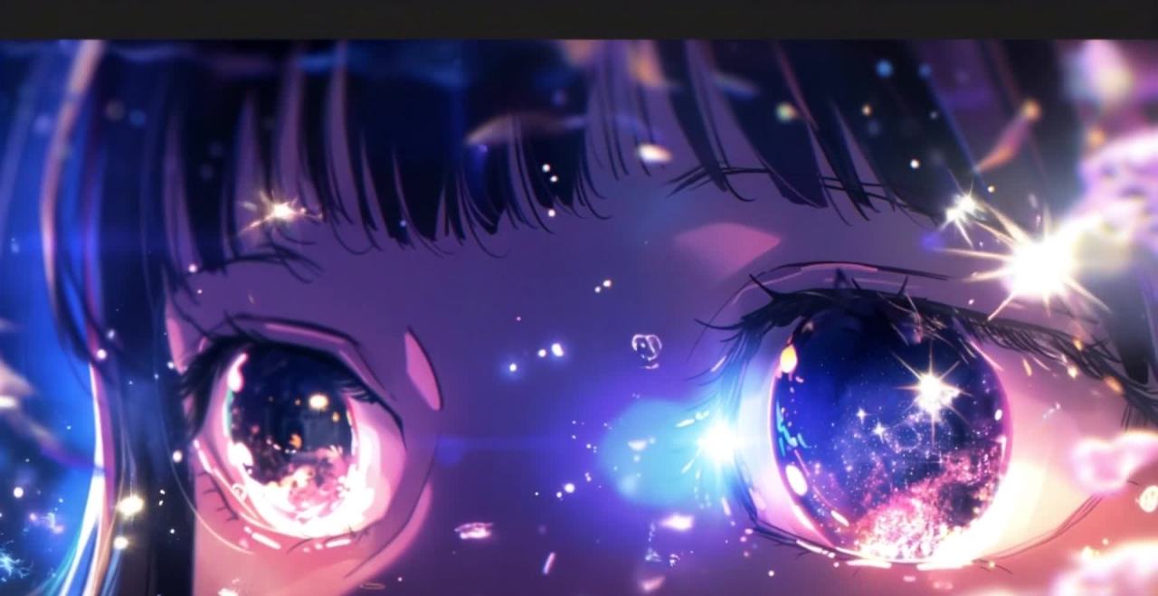 星空眼眸：紫背景中女孩的眼睛映照星空