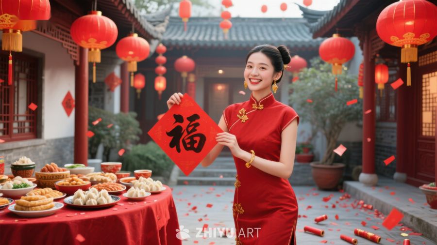 女子手持福字庆祝传统节日 733