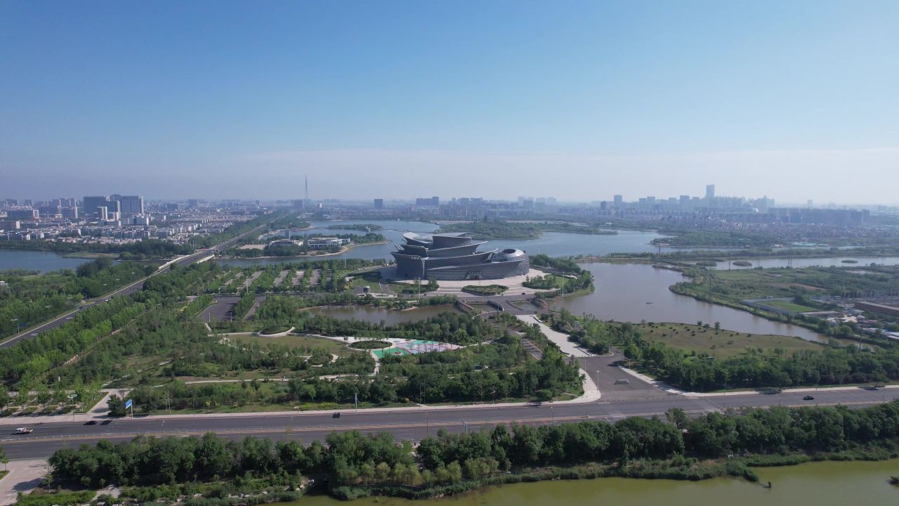  山东东营大剧院地标建筑航拍
