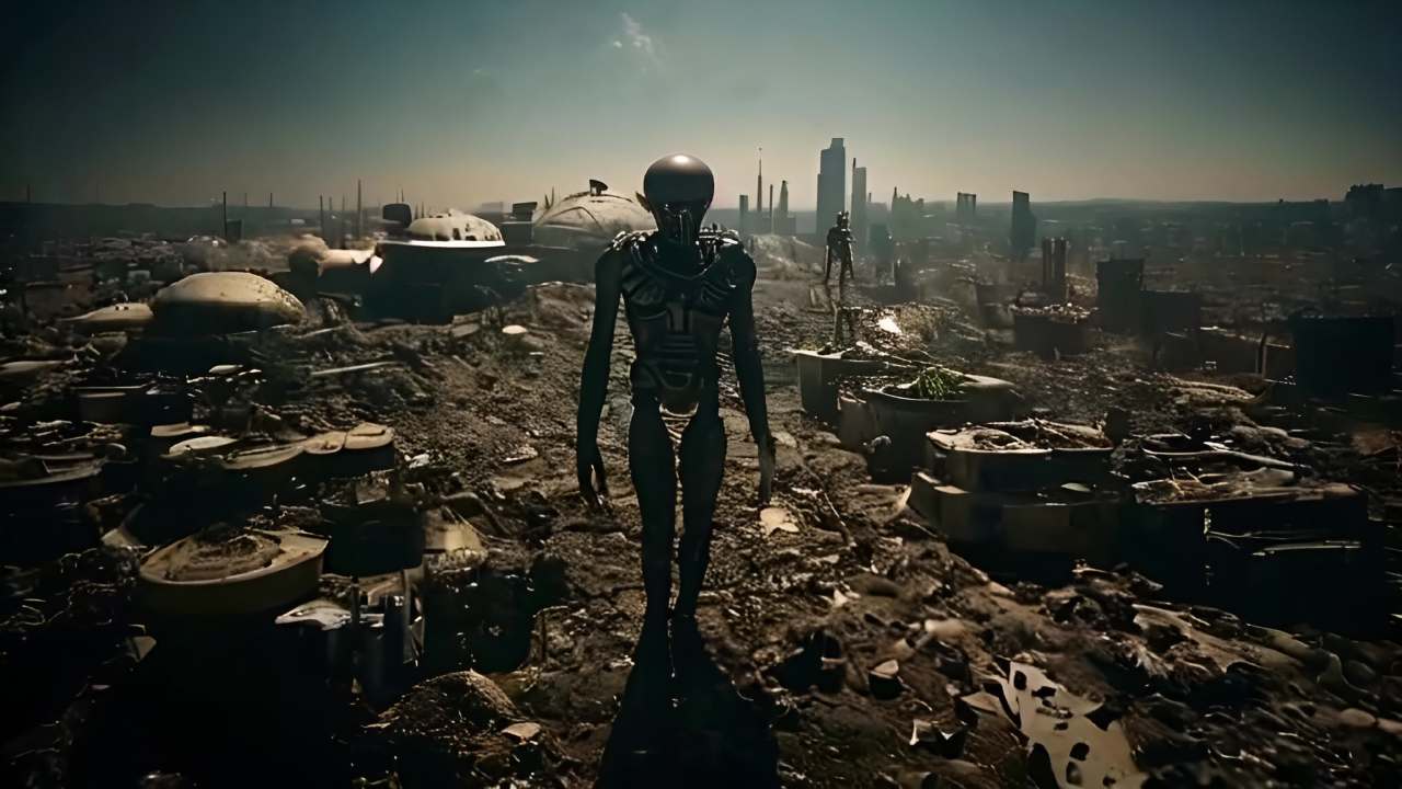 两个人形生物站在一片废墟中，背景是破败的城市和破碎