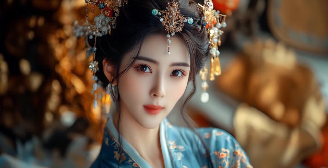一位身穿浅蓝色古装的年轻女子。她化着精致的妆容，红