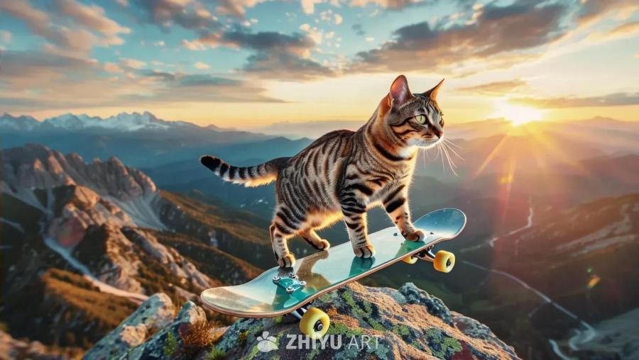 一只猫站在玻璃滑板上，滑板位于巨大的山脉上方。地平