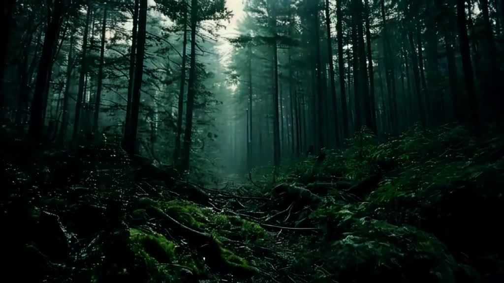 高耸的树木构成的森林，地面覆盖着青苔和树枝，光线昏