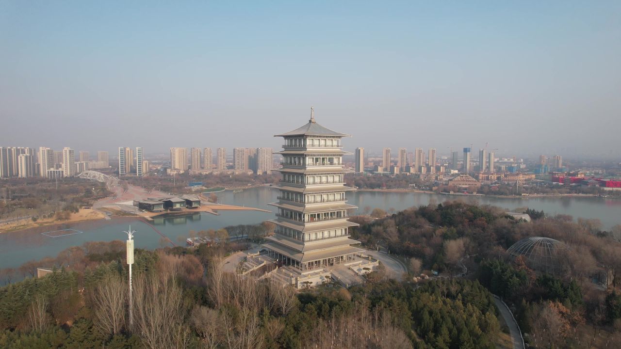 西安园博园旅游景区长安塔航拍