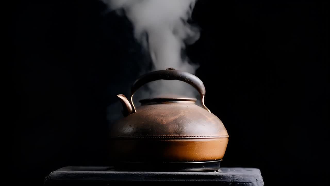 一个老式的茶壶在炉子上沸腾，壶口冒出大量蒸汽，背景