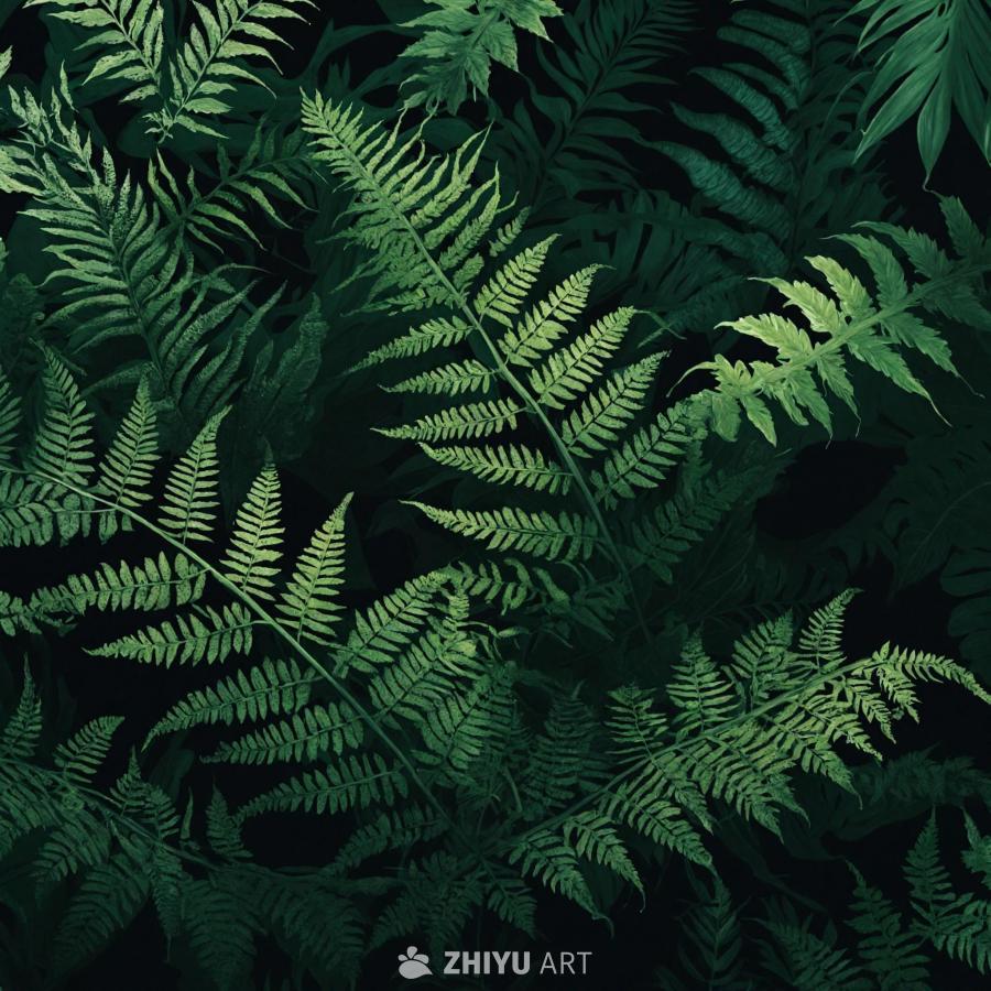 一片郁郁葱葱的绿色墙纸，主要图案是各种蕨类植物和叶