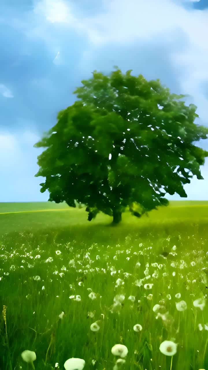 画面中，一棵树的枝叶在风中剧烈摇摆，树叶和碎屑四处