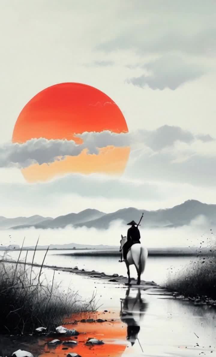 一名头戴斗笠的侠客骑着一匹白马，沿着一条小路向前行