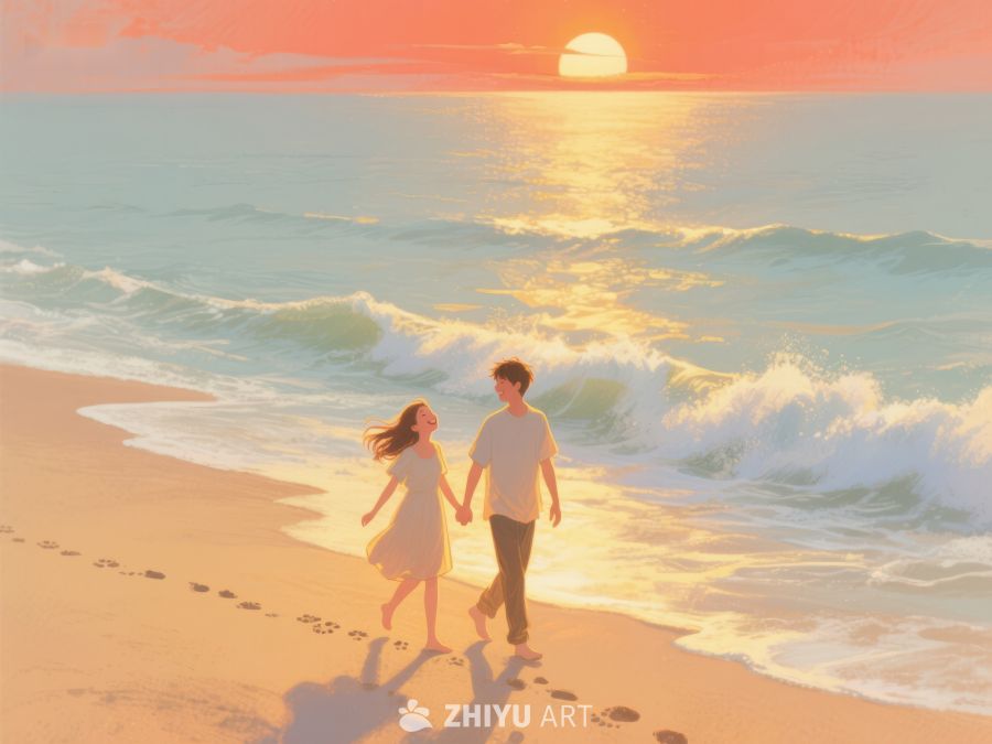 夕阳海滩漫步的情侣 867
