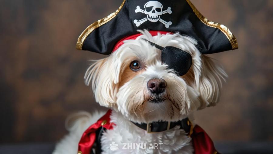 一只马尔济斯犬戴着一个有骷髅标志的海盗帽子，并且戴