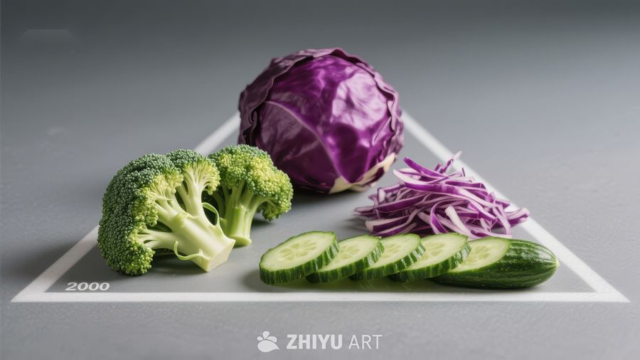 新鲜蔬菜组合：西兰花、紫甘蓝与黄瓜