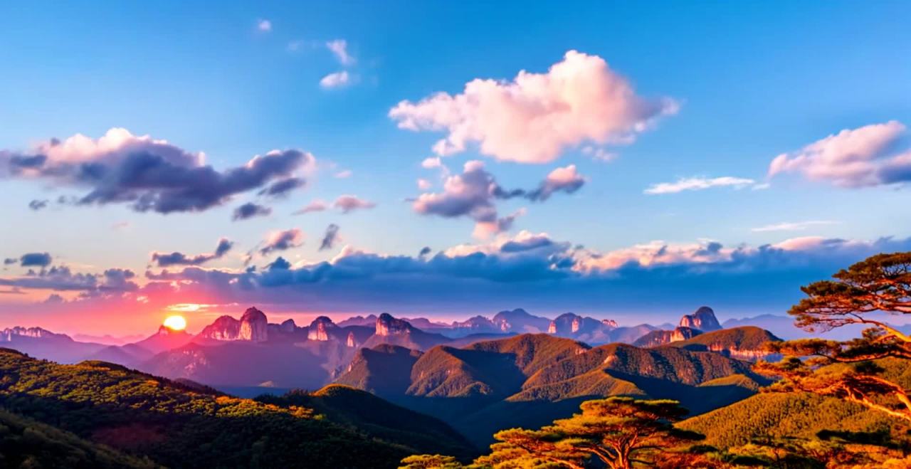 夕阳映照下的山峦与云海美景